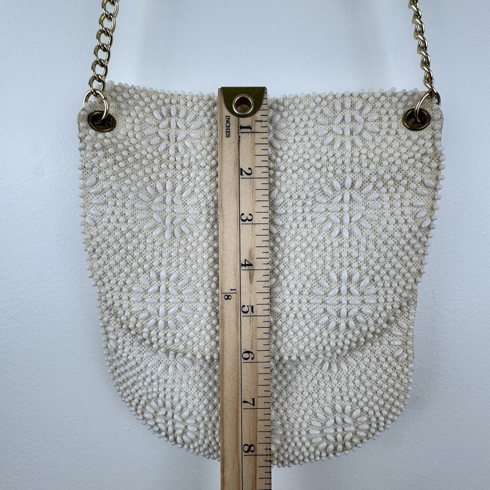 VTG Beaded Purse Ivory Gold Shoulder Chain Evening Retro Elegant Formal 50s 60s - Picture 15 of 16
